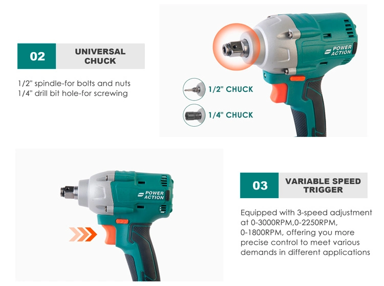 Power Action Brushless 20V Double Speed Electric Cordless Impact Wrench Tools